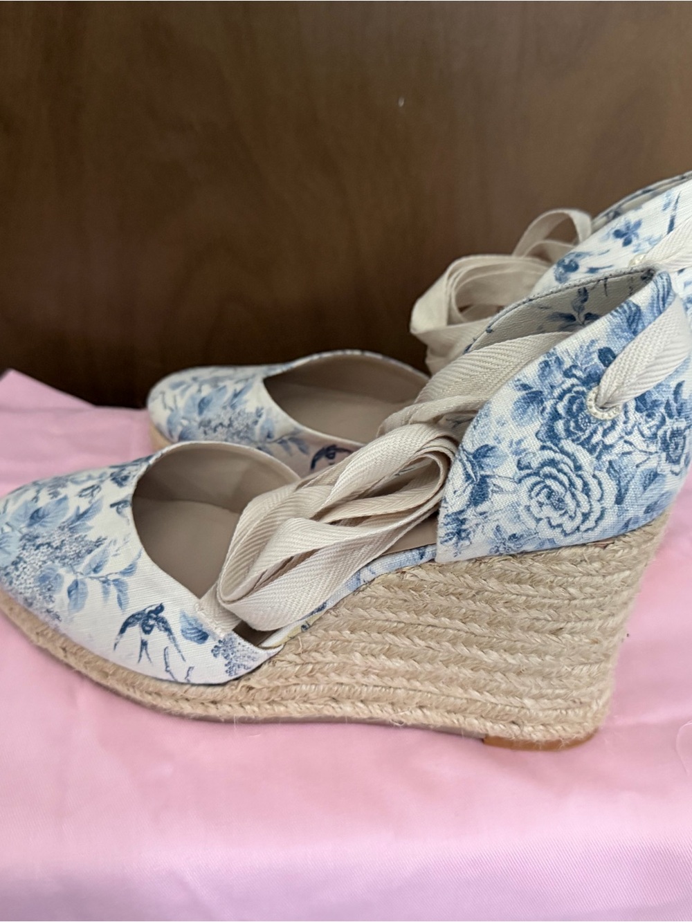 Reformation Camilla Blue Floral Espadrille Wedge Sandals with Cream Ties